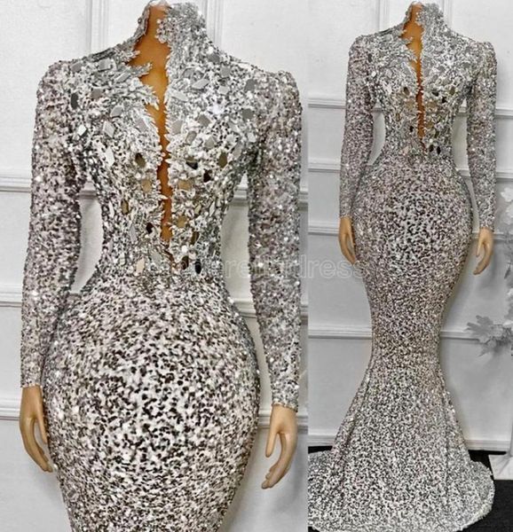 

2023 african sequins evening dresses long sleeves mermaid women formal party dress sparkly beaded high neck prom gowns gb12054294827, Black;red