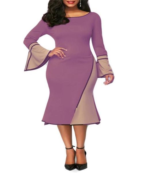 

5xl plus size winter autumn women casual dress slim ruffles pathwork flare sleeve dresses elegant vintage mermaid long party 6670963, Black;gray