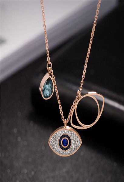 

blue evil eye pendant necklaces iced out rose gold turkey women titaniun steel jewelry girls fashion rhinestone link chain choker 9512244, Silver