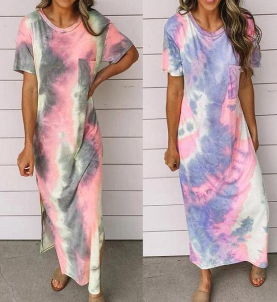 

casual boho beach dresses womens tiedye printed oneck party summer maxi dress split short sleeve loose long 20213560643, Black;gray