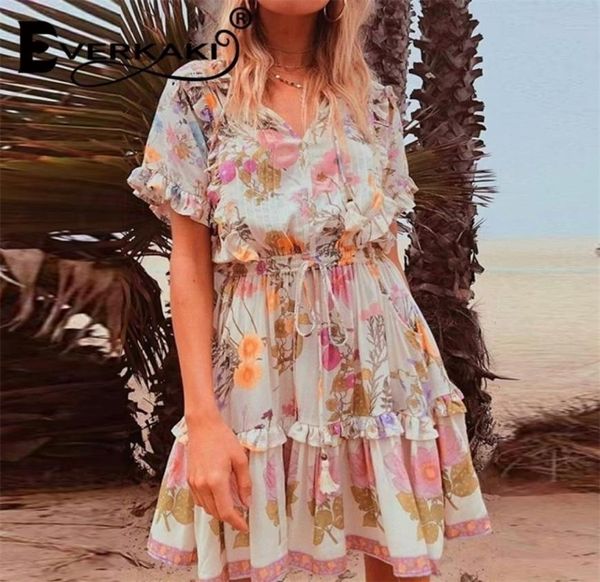 

everkaki vintage women floral print tassel ruffles beach bohemian mini dress ladies loose vneck rayon boho dress new t2006043185757, Black;gray