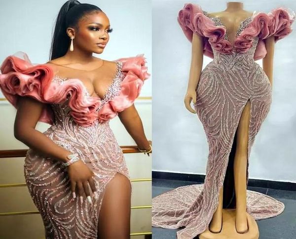 

2022 plus size arabic aso ebi luxurious mermaid sequined prom dresses beaded crystals sheer neck evening formal party second recep6467521, Black