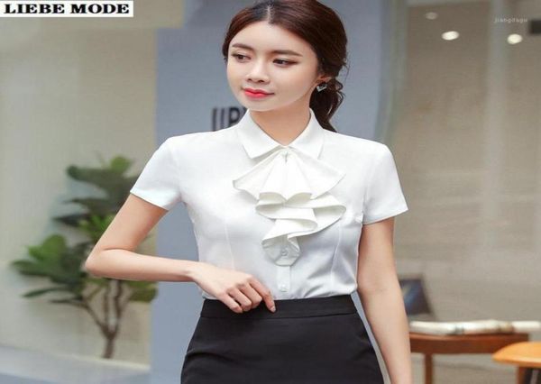 

women039s blouses shirts ol fashion summer formal women short sleeve blouse elegant ruffle work wear chemise femme slim 126101024762, White