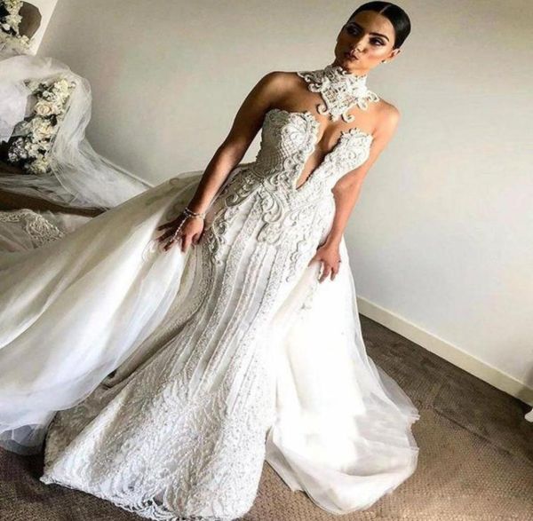 

luxurious white mermaid wedding dresses with detachable train beading pearls chapel wedding gowns lace appliques overskirt bridal 2166541