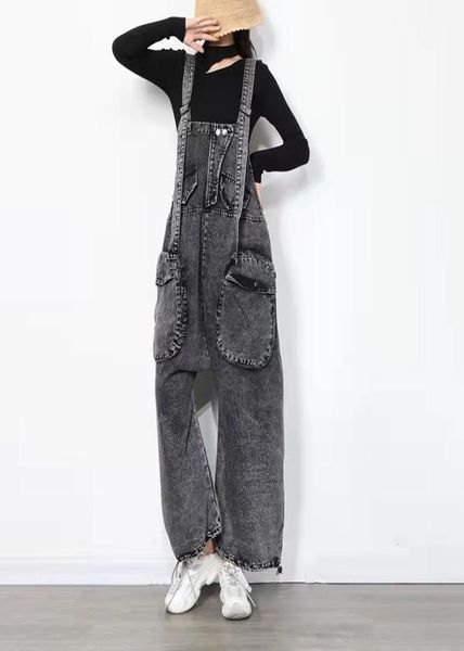 

european and american big pocket onepiece loose jeans jumpsuits9288827, Black;white