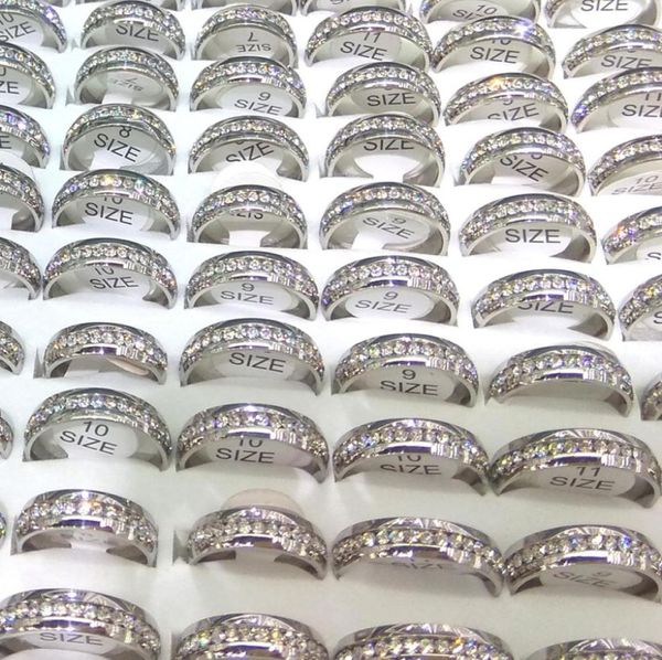 

50pcs silver color stainless steel band rings 6mm width clear rhinestone surrounding mixed size9230810
