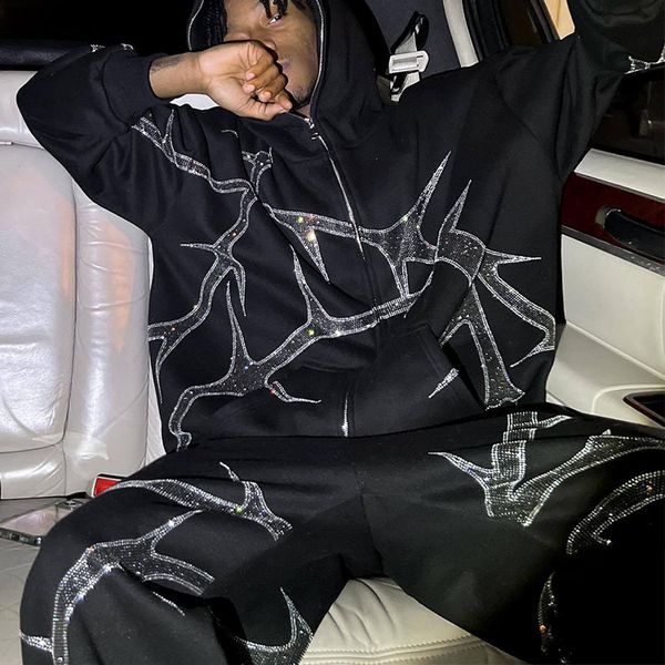 

men's hoodies sweatshirts autumn y2k american retro zip up hoodies paillette black gothic men women couples hoodie pants suit fashion s