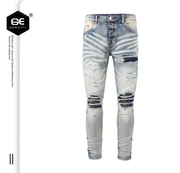 

2021 jeans pant tide brand embroidered bear applique patch high street men039s stretch slim pants2851638, Blue