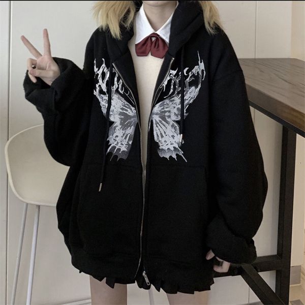 

men's hoodies sweatshirts women hoodies harajuku oversized long sleeve zip up hooded jacket female autumn hip hop punk sweatshirt 23082, Black