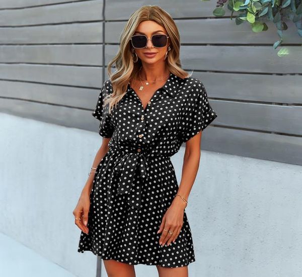 

2021 dresses office lady boho dot pattern women clothing black viscose bowknot outfits loose soft casual dress8551529, Black;gray