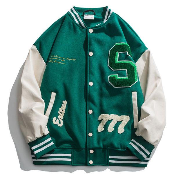 

men s jackets high street baseball jacket men pu leather splice towel embroidery varsity vintage loose causal coat couple green 230821, Black;brown