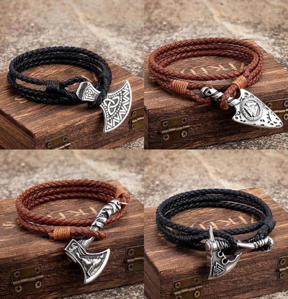 

charm bracelets vintage viking style genuine leather wrap men stainless steel norse rune amulet accessories icelandic handmade jew3703003, Golden;silver