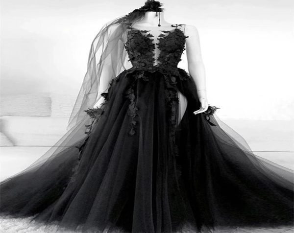 

gothic style black lace wedding dresses flower appliques tulle a line backless vintage design 2021 bridal gowns plus size1278298, White
