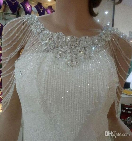 

2020 crystal rhinestone jewelry bridal wraps white lace wedding shawl jacket luxurious bolero jacket wedding dress with beading3267697