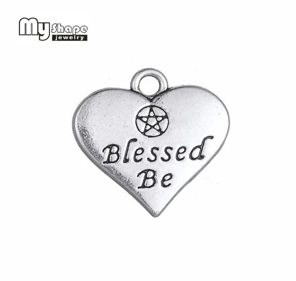 

my shape 20pcs heart charm double side letter blessed be wicca pentacle pentagram pendant for jewelry making antique silver tone3679583, Bronze;silver