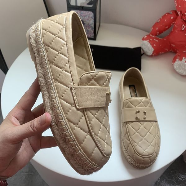 

quilted lambskin platform espadrilles dress shoes for women lady paris fashion loafer raffia straw thick bottom sandals interlocking c chain, Black