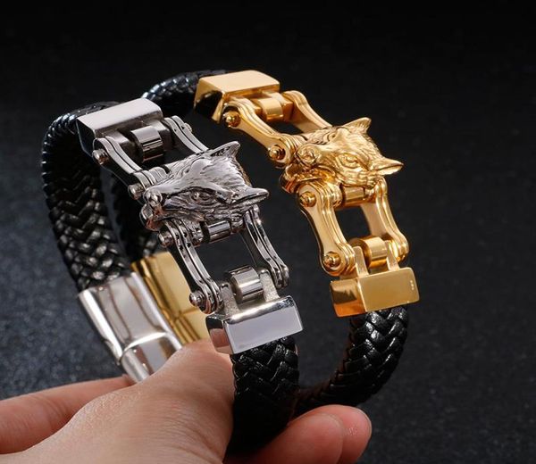 

link chain vintage mens hiphop stainless steel black leather huge wolf end bangle bracelet xmas gift father husband giftslink3592499