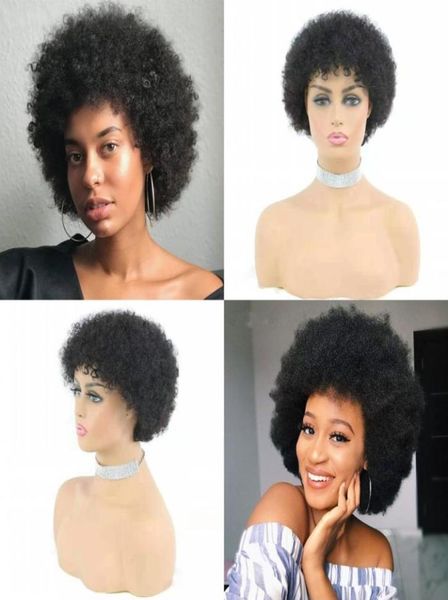 

mongolian short afro kinky curly human hair wigs 8 inch machine made wig for black women1525768, Black;brown