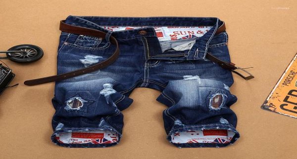 

men039s jeans summer cotton short pants men 2022 mens jeans shorts ripped print washed holes denim for youth7277573, Blue