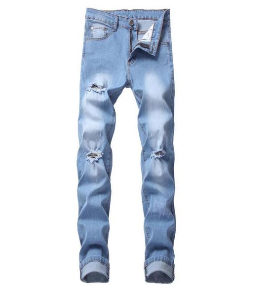 

fashion men distressed ripped light blue jeans brand designer washed slim fit straight leg streetwear denim pants tx5688448