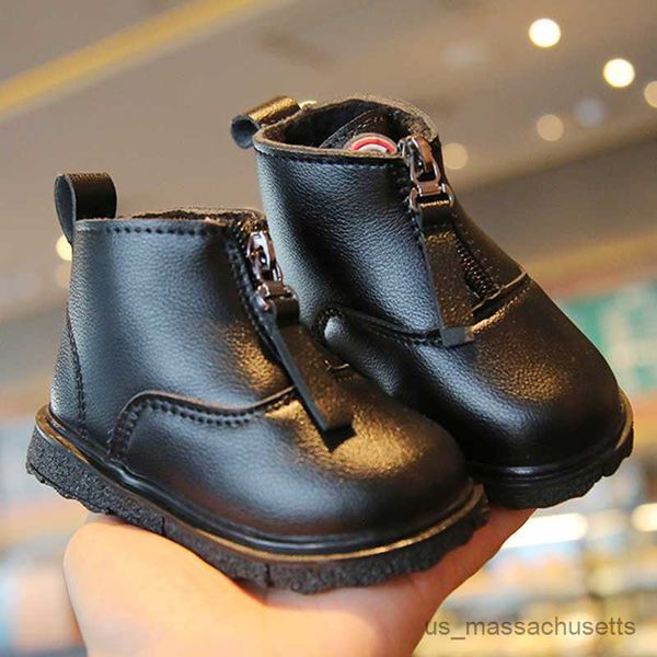 

boots winter children leather boots girls fashion shoes soft zipper kids short boots comfortable warm flush boys baby r230822, Black;grey