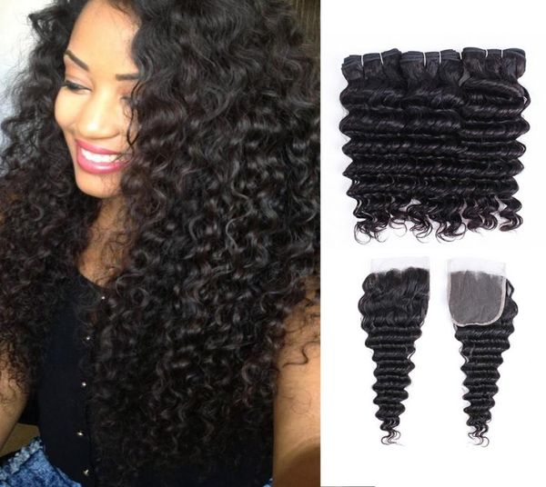

brazilian deep wave hair 3 bundles with 44 lace closure natural color double weft no shedding weaving5327987, Black;brown