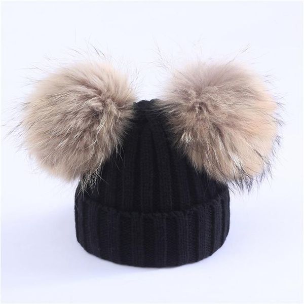 

beanies mother kids warm winter caps real fur pom beanie wool knitted hat for baby boys girls pompom raccoon balls cap bonnet11788