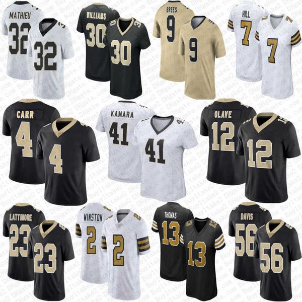 

4 derek carr alvin kamara custom football jerseys jamaal williams chris olave tyrann mathieu drew brees taysom hill michael thomas demario d, Black;red