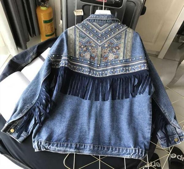 

women039s jackets punk boho tassel embroidery denim jacket women blue loose rivet pocket oversize moto biker female spring jean4436187, Black;brown