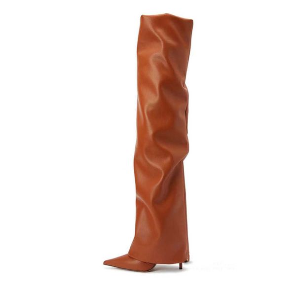 

new pointed thin heel over knee boots with four seasons versatile splice sleeve pleated high fashion 230822, Black