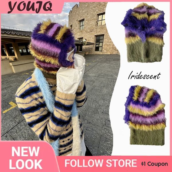 

beanie skull caps y2k wool blend plush clashing colours knitted beanies balaclava hats for women winter retro neck protector 230822, Blue;gray