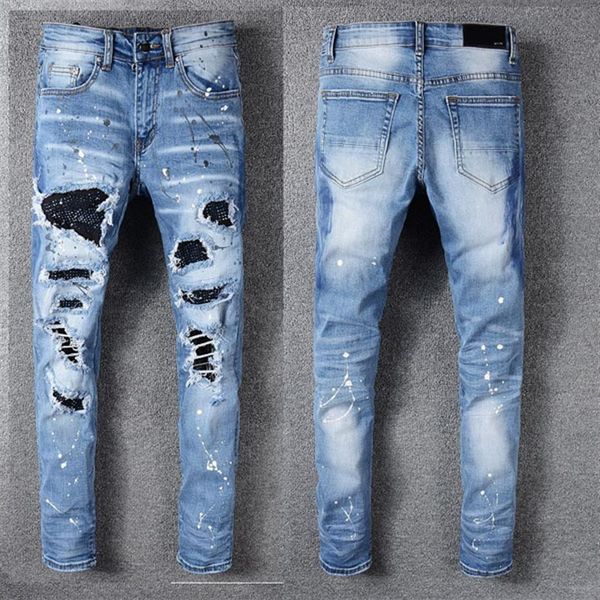 

fashion men's jeans runway slim racer biker jeans #1153 hiphop skinny men denim ripped joggers pants male wrinkle jean trouse239b, Blue