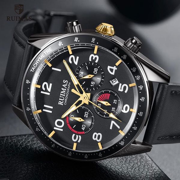 

ruimas watches men brand luxury military leather wristwatch man clock fashion chronograph casual sport watch relogio 574315b, Slivery;brown