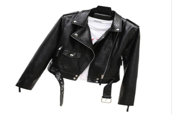

fashion womens spring and autumn black faux leather jacket zipper snake print coat lapel collar motorcycle jacket with belt pants8553294, Black;brown
