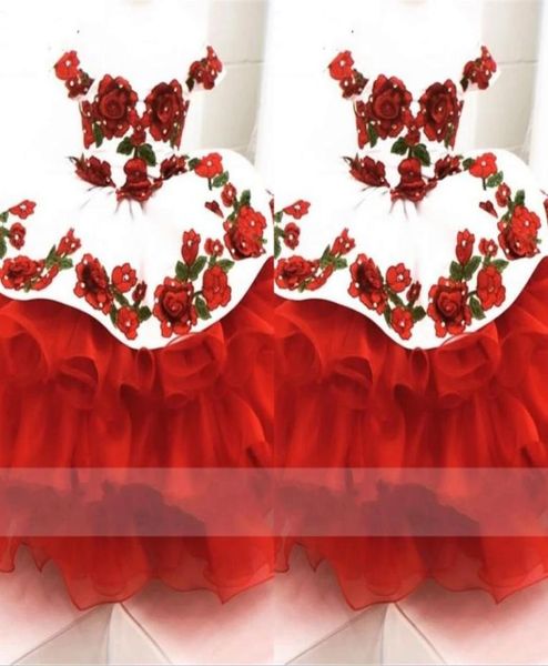

2022 cute mini quinceanera dresses little toddler floral applique crystal off shoulder pageant dress kids graduation teens1718691, White;red