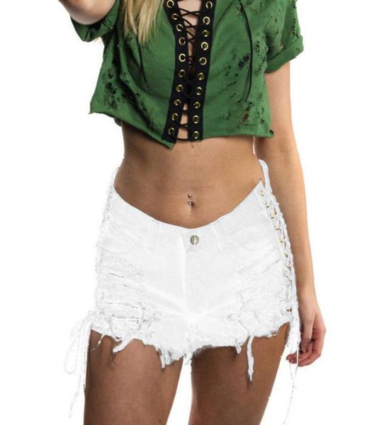 

white laceup side destroy ripped denim shorts summer high street mid waist pocket jeans shorts casual women denim7119618, Blue