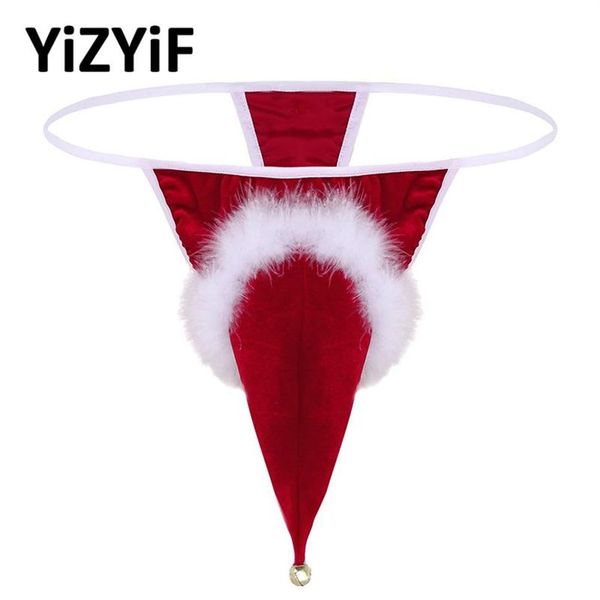 

bikini thong underwear men lingerie velvet santa christmas holiday fancy cosplay g-string with small bell men's swimwear215l