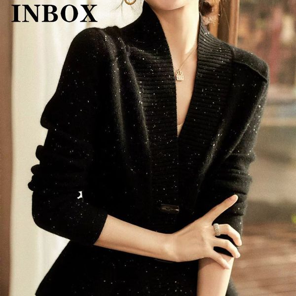 

women's knits tees 2023 korean style spring black bright elegant cardigans ladies vneck knited women slim waist flounces clothing 23082, White