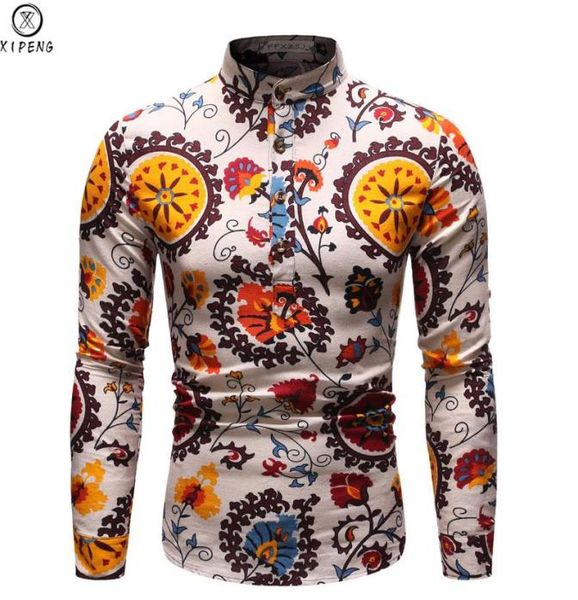 

vintage floral print men shirt 2020 brand new slim fit long sleeve linen shirts men streetwear casual social shirt camisas4043822, White;black