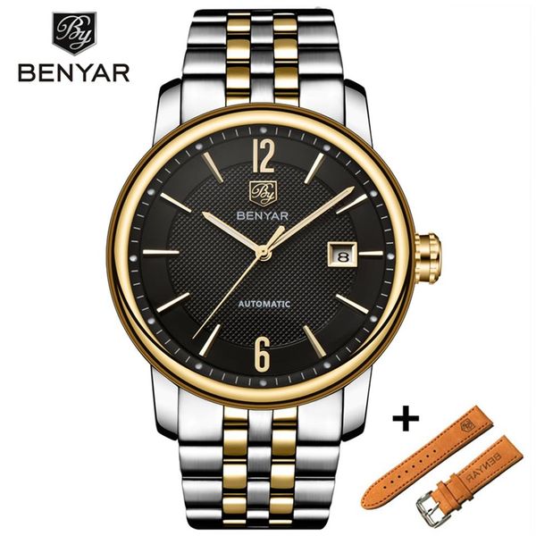 

benyar fashion luxury brand leather watch set automatic men wristwatch men mechanical steel watches relogio masculino315p, Slivery;brown