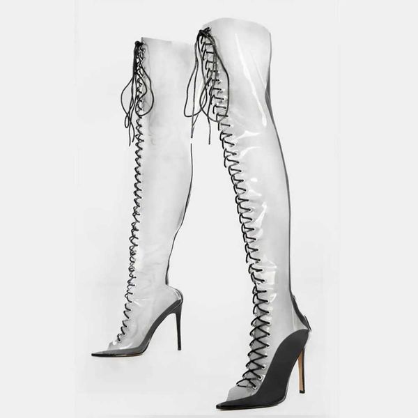 

transparent knee length boots, women's thin heels, spring/summer 2022 pointed open toe high cool cross tie up, large size boots 230822, Black