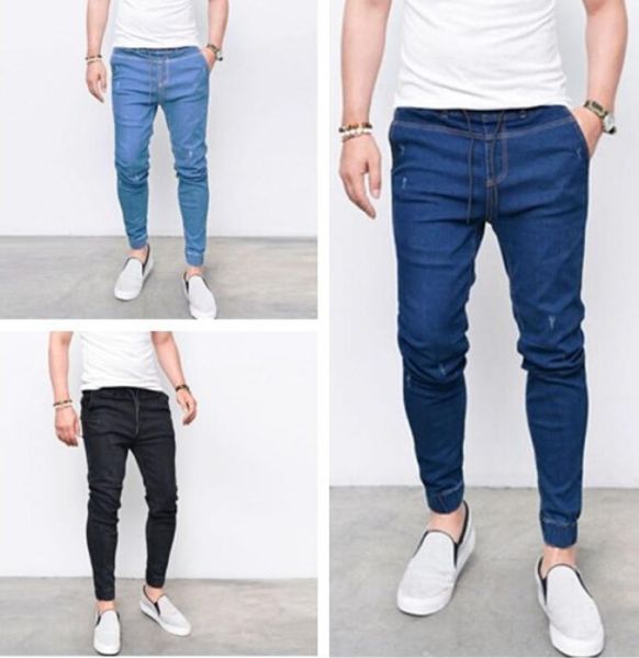 

mens jeans drawstring slim pencil pants mens streetwear full length pants biker jeans male fashion pants 5168395, Blue