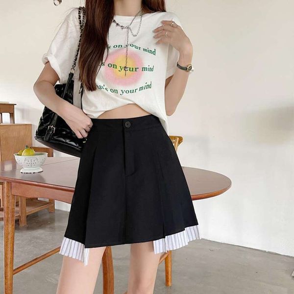 

item title skirt for women design sense niche summer korean a line high waist slimming stitching pleated, Black