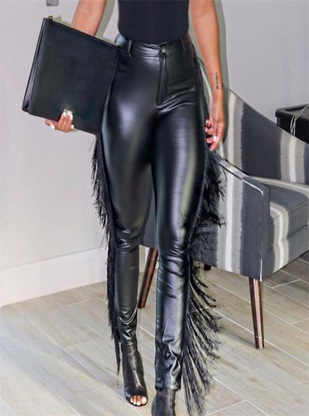 

casual black pants women slim tassels high elastic pu leather pencil pants autumn and winter trousers club wear streetwear 204955237, Black;white