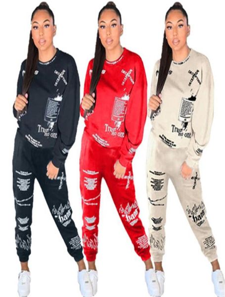 

women letter graffiti printing tracksuits fashion trend long sleeve rond neck sweatshirt trousers suits designer female autumn cas8845442, Gray