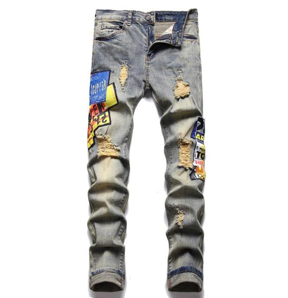 

retro blue men039s jeans summer street ripped hole pants print patch pantalones para hombre vaqueros7432269