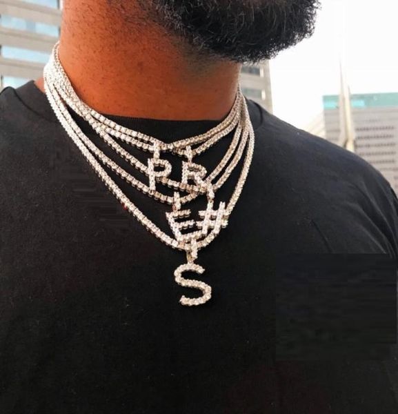 

alphabet hiphop rhinestone tennis chain necklace men women silver color letter iced out chain link pendant necklace mens jewelry2334370