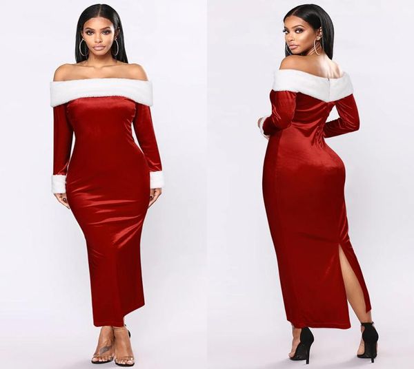 

2020 new women039s fashion party dresses christmas midlength dress skirt slit fur stitching bag hip oneshoulder dress8566193, White;black