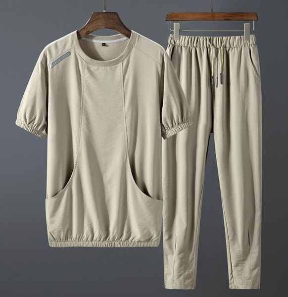 

mens sports leisure suit ice silk 2021 summer new korean trend shortsleeved tide brand fashion mens clothing5699569, Gray