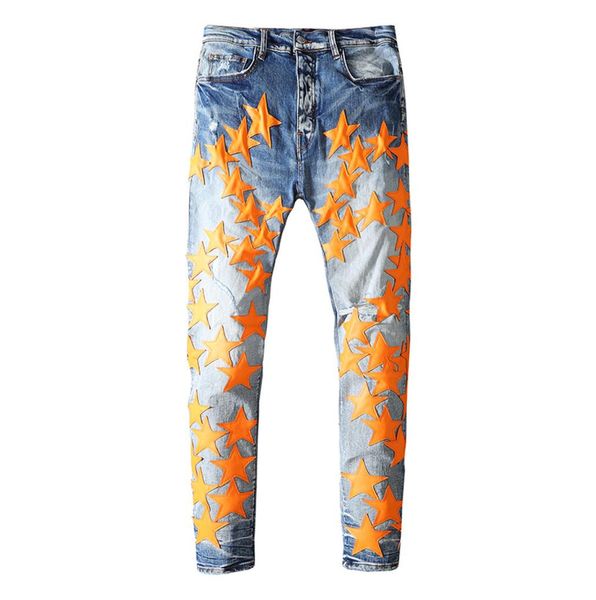 

mens jeans orange stars and leather washed worn old european and american fashion casual slim trend trousers for teenagers2686423, Blue